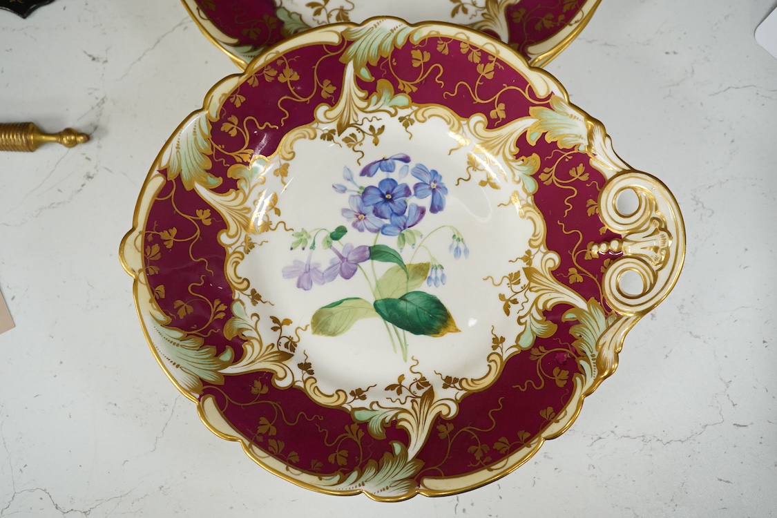 An early 19th century pearlware sprigged jug and four mid 19th century Ridgway flower painted dessert plates